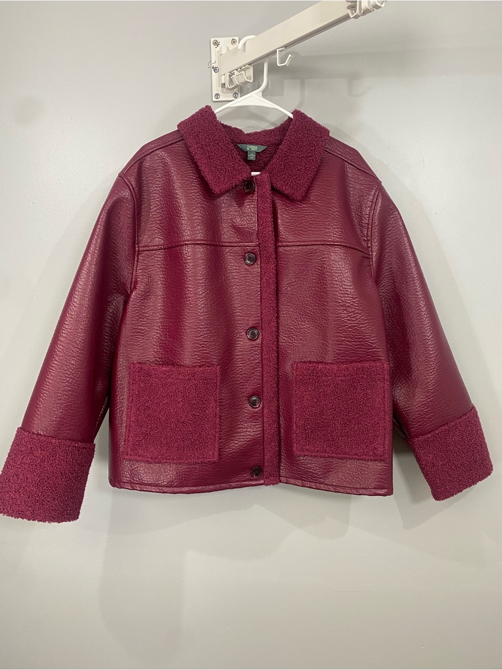 Terra & Sky Burgundy Faux Leather Jacket with Sherpa Trim